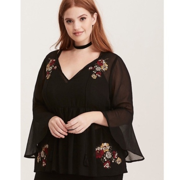 torrid Tops - Torrid chiffon sheer embroidered bell sleeve top